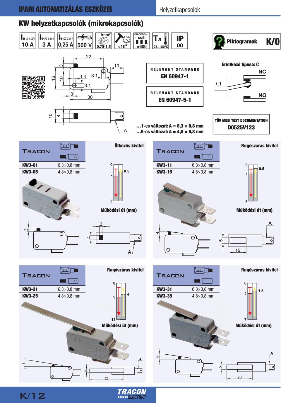 1 EN 60947-5-1 1-es változat: A = 6,3 0,8 mm 5-ös változat: A = 4,8 0,8 mm TÜV MEEI TEST DOCUMENTATION D0525V123 Ütközős kivitel Rugószáras