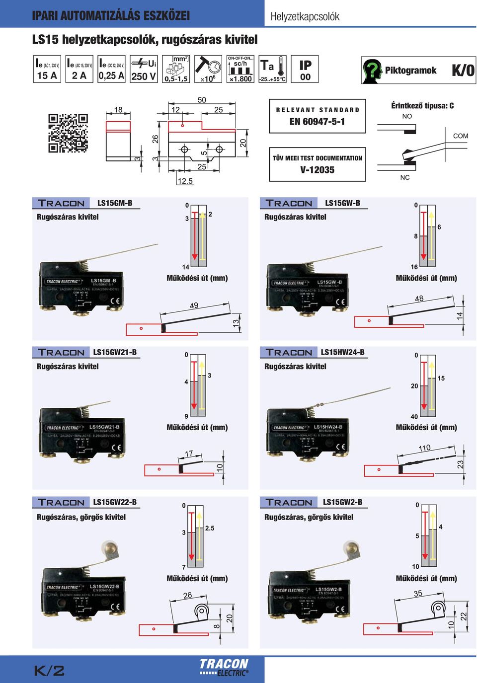 .+55 C 00 Piktogramok K/0 EN 60947-5-1 Érintkező típusa: C TÜV MEEI TEST DOCUMENTATION V-12035 Rugószáras kivitel