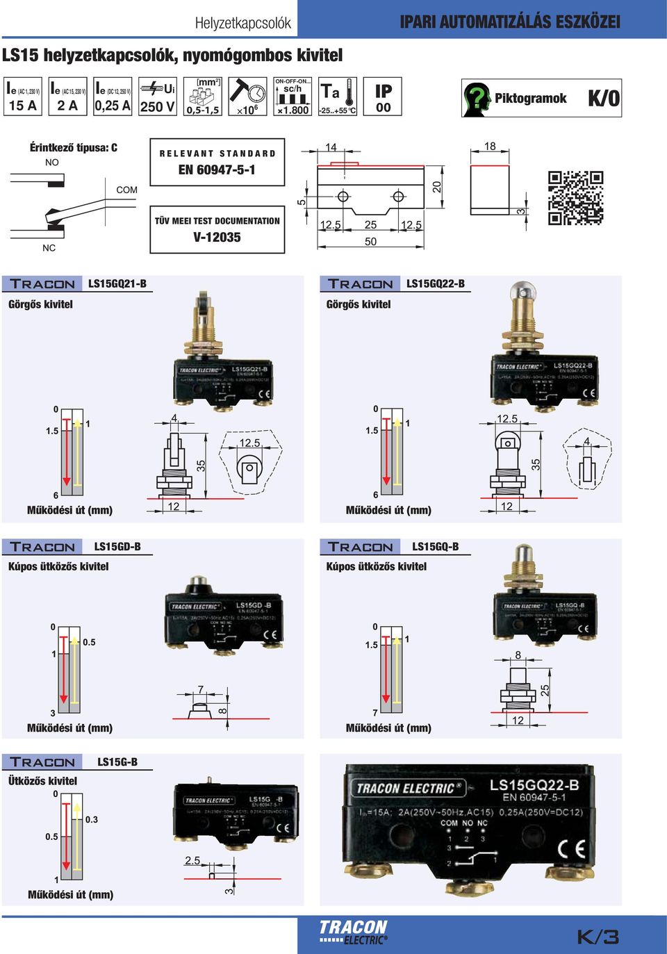 .+55 C 00 Piktogramok K/0 Érintkező típusa: C EN 60947-5-1 TÜV MEEI TEST DOCUMENTATION V-12035