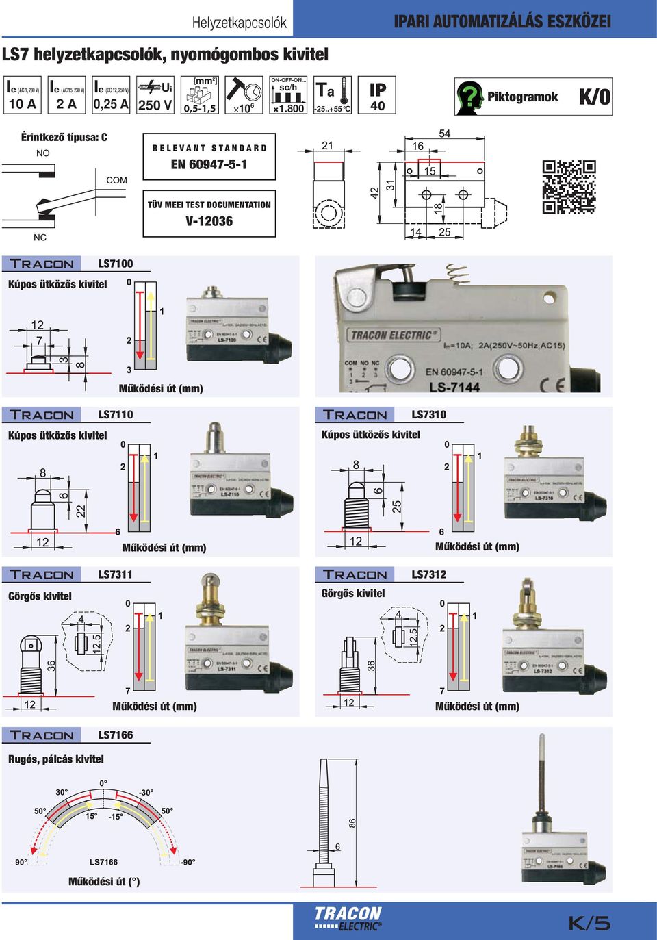 .+55 C 40 K/0 Érintkező típusa: C EN 60947-5-1 TÜV MEEI TEST DOCUMENTATION V-12036 Kúpos ütközős kivitel