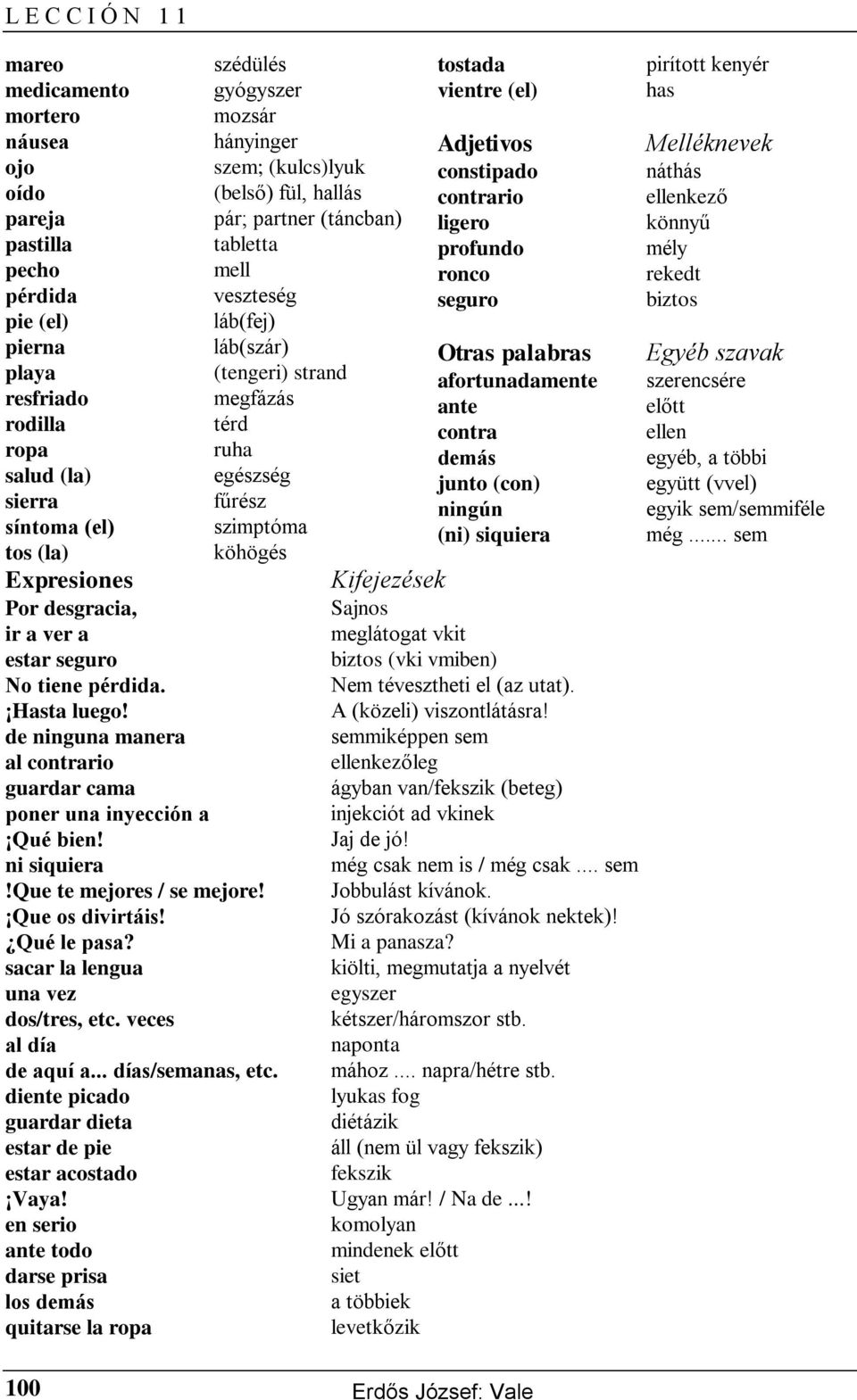 palabras Egyéb szavak playa (tengeri) strand afortunadamente szerencsére resfriado megfázás ante előtt rodilla térd contra ellen ropa ruha demás egyéb, a többi salud (la) egészség junto (con) együtt