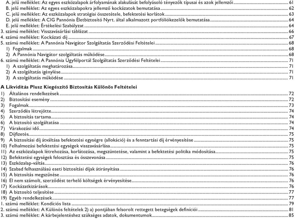 jelű melléklet: Értékelési Szabályzat...64 3. számú melléklet: Visszavásárlási táblázat...66 4. számú melléklet: Kockázati díj... 67 5.