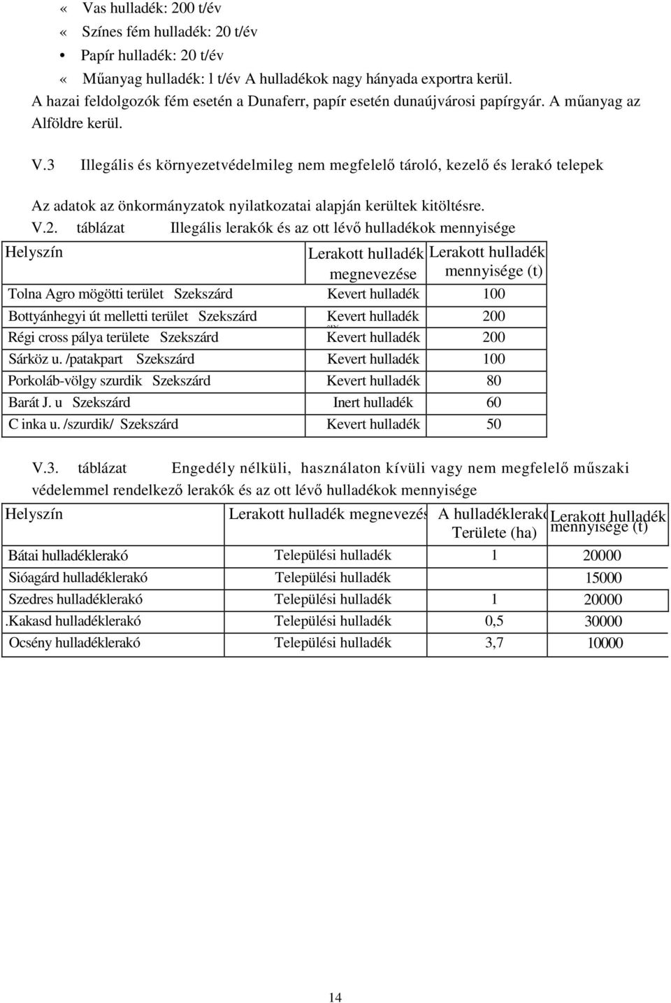 3 Illegális és környezetvédelmileg nem megfelelı tároló, kezelı és lerakó telepek Az adatok az önkormányzatok nyilatkozatai alapján kerültek kitöltésre. V.2.