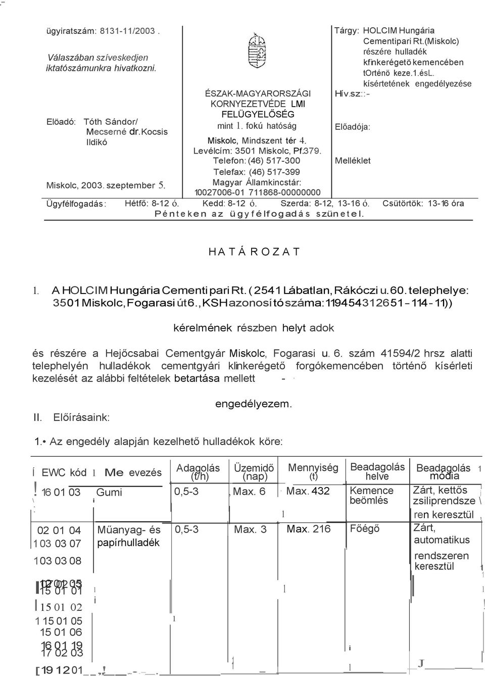 kísértetének engedélyezése Hív.sz::- Előadója: Melléklet Telefax: (46) 517-399 Miskolc, 2003. szeptember 5. Magyar Államkincstár: 10027006-01 711868-00000000 Ügyfélfogadás: Hétfő: 8-12 ó.