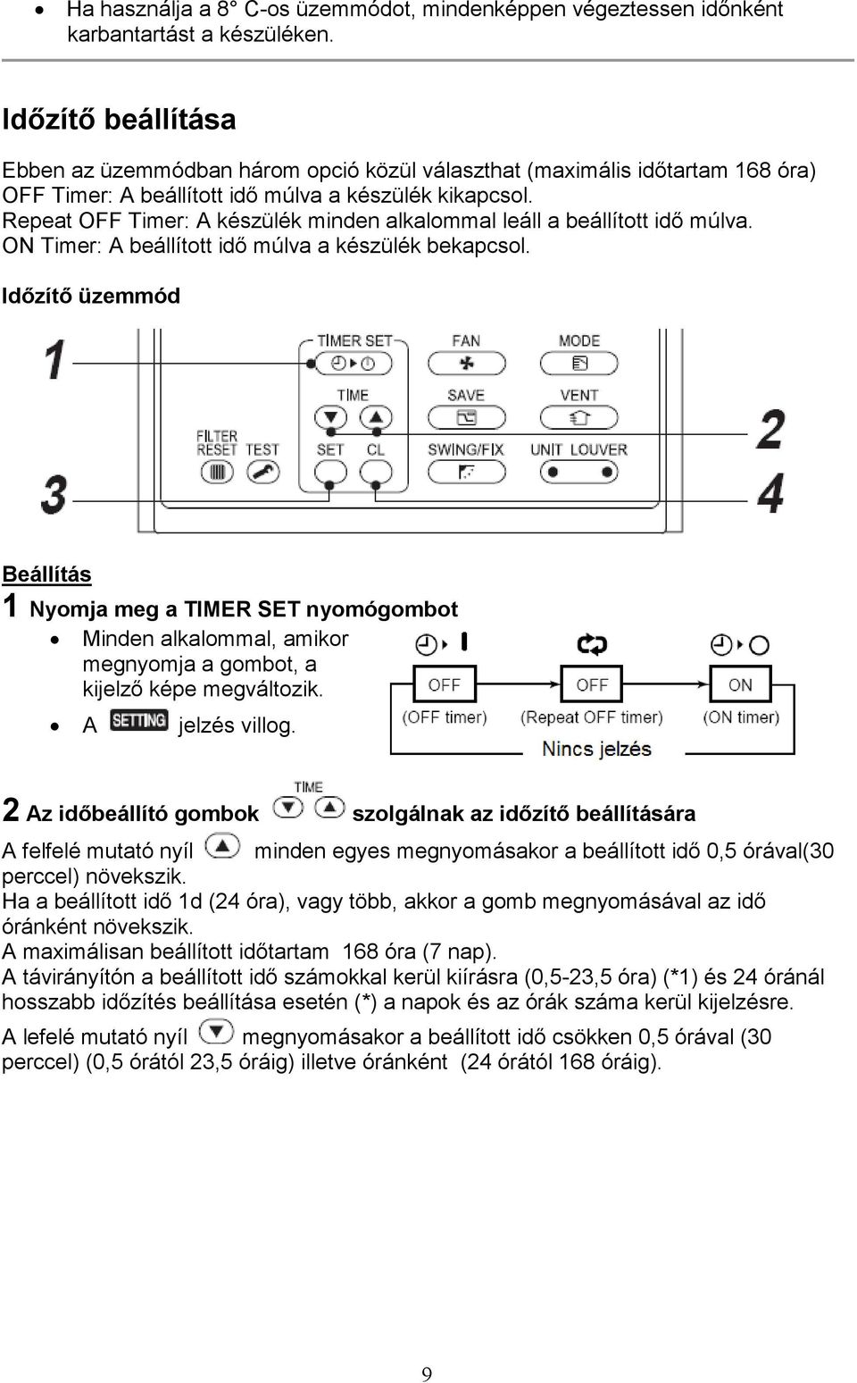 Repeat OFF Timer: A készülék minden alkalommal leáll a beállított idő múlva. ON Timer: A beállított idő múlva a készülék bekapcsol.