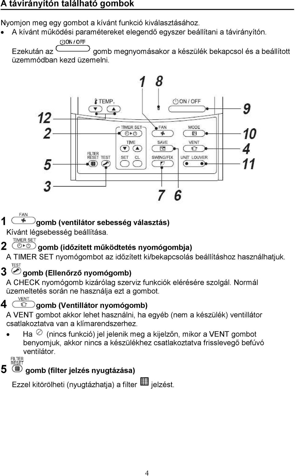 2 gomb (időzített működtetés nyomógombja) A TIMER SET nyomógombot az időzített ki/bekapcsolás beállításhoz használhatjuk.