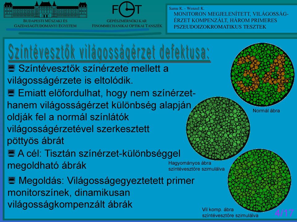 világosságérzetével szerkesztett pöttyös ábrát A cél: isztán színérzet-különbséggel megoldható ábrák Megoldás: