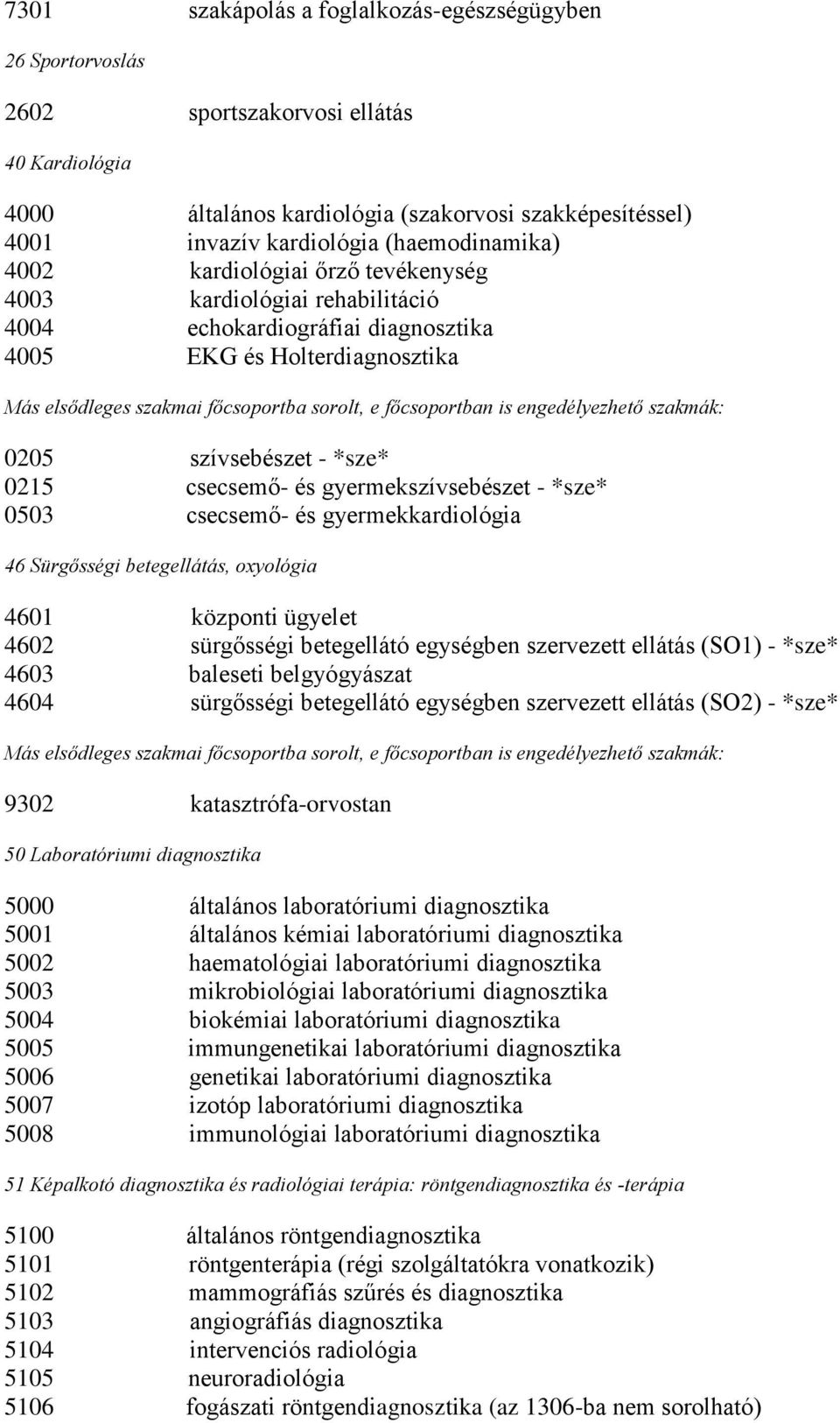 gyermekszívsebészet - *sze* 0503 csecsemő- és gyermekkardiológia 46 Sürgősségi betegellátás, oxyológia 4601 központi ügyelet 4602 sürgősségi betegellátó egységben szervezett ellátás (SO1) - *sze*