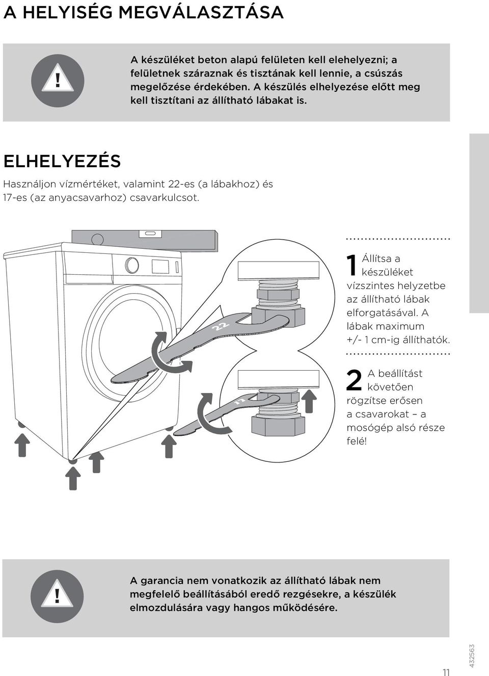 ELHELYEZÉS Használjon vízmértéket, valamint 22-es (a lábakhoz) és 17-es (az anyacsavarhoz) csavarkulcsot.