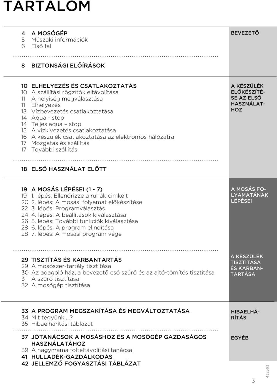 szállítás A KÉSZÜLÉK ELŐKÉSZÍTÉ- SE AZ ELSŐ HASZNÁLAT- HOZ 18 ELSŐ HASZNÁLAT ELŐTT 19 A MOSÁS LÉPÉSEI (1-7) 19 1. lépés: Ellenőrizze a ruhák cimkéit 20 2. lépés: A mosási folyamat előkészítése 22 3.