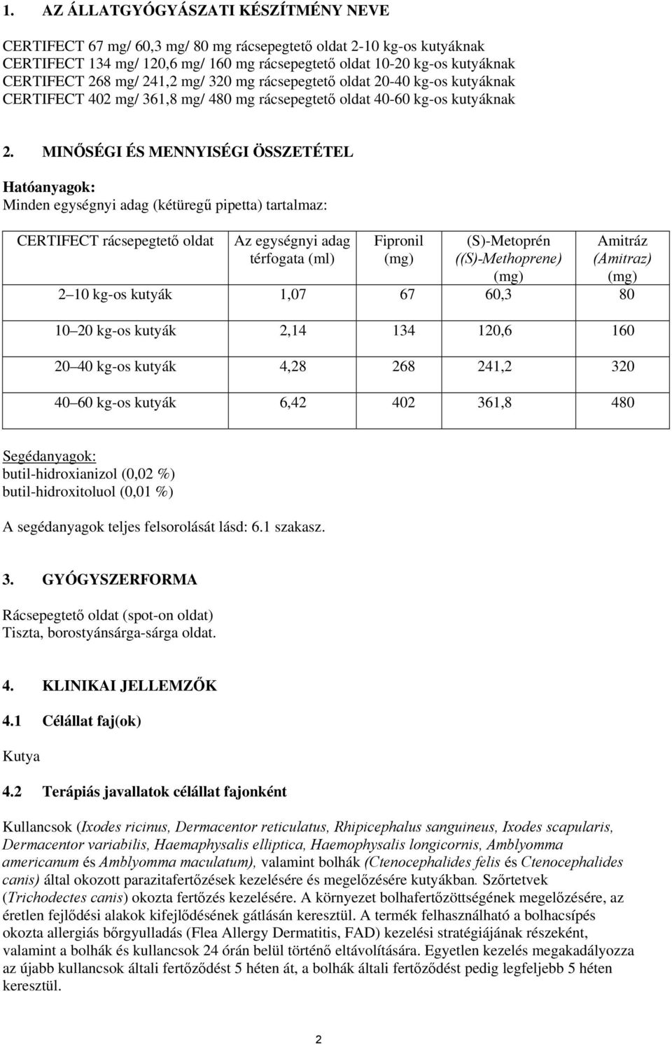 MINŐSÉGI ÉS MENNYISÉGI ÖSSZETÉTEL Hatóanyagok: Minden egységnyi adag (kétüregű pipetta) tartalmaz: CERTIFECT rácsepegtető oldat Az egységnyi adag térfogata (ml) Fipronil (mg) (S)-Metoprén