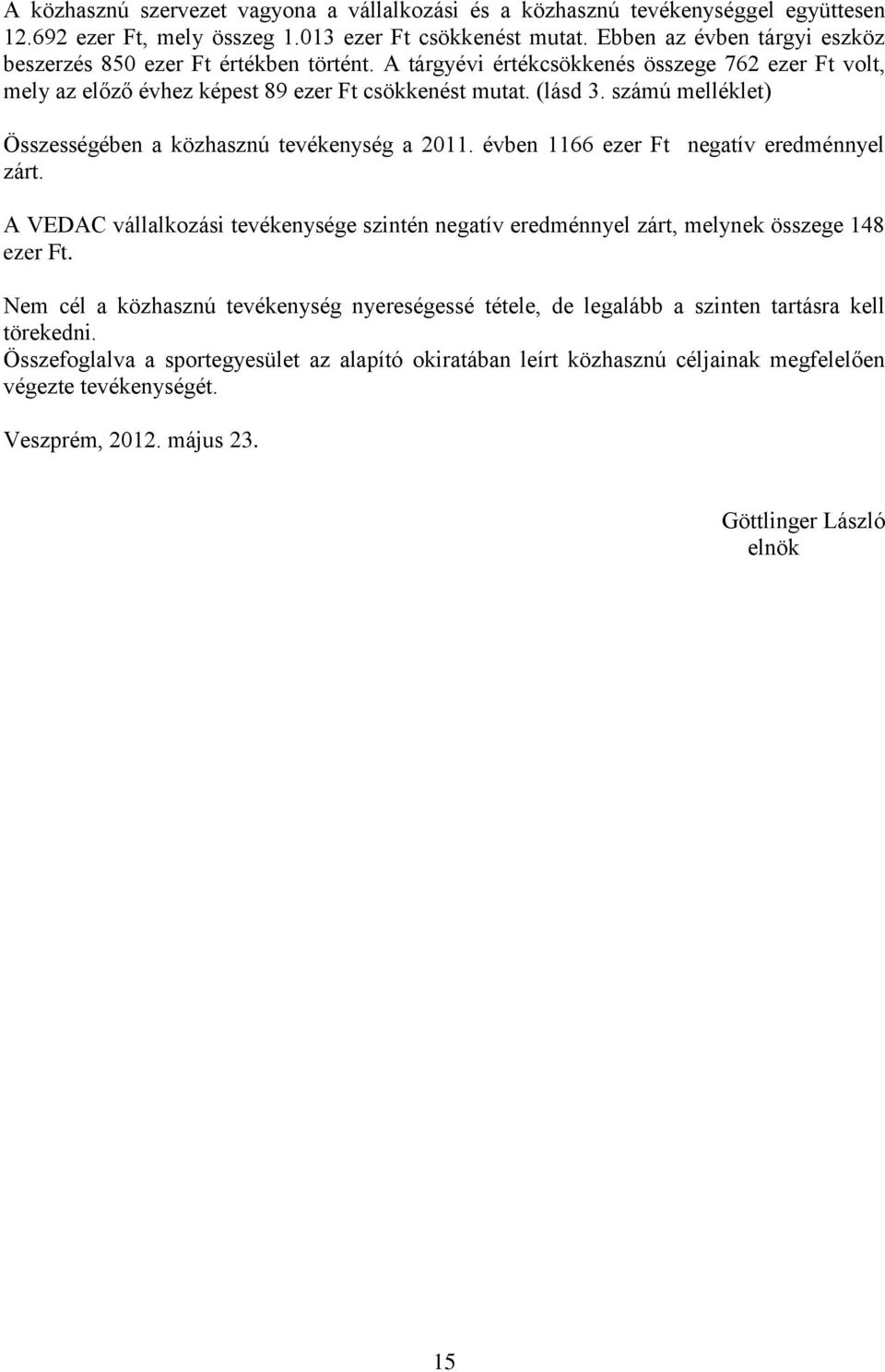 számú melléklet) Összességében a közhasznú tevékenység a 2011. évben 1166 ezer Ft negatív eredménnyel zárt.