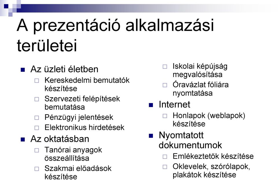 összeállítása Szakmai előadások készítése Internet Iskolai képújság megvalósítása Óravázlat fóliára