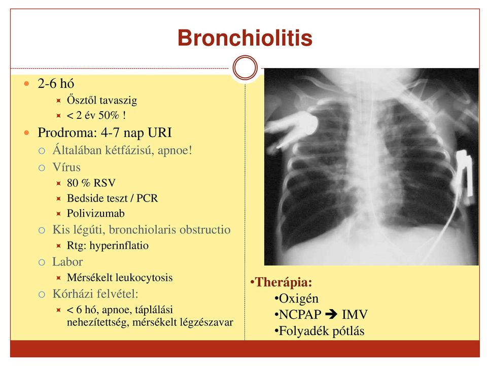 Vírus 80 % RSV Bedside teszt / PCR Polivizumab Kis légúti, bronchiolaris obstructio Rtg: