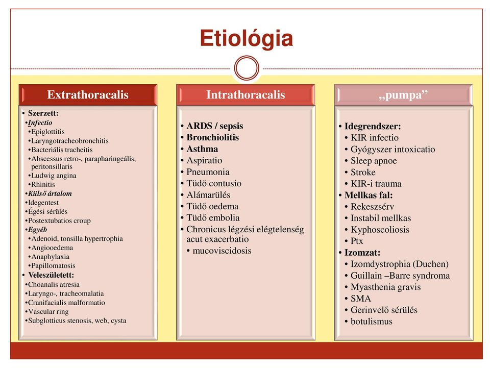 malformatio Vascular ring Subglotticus stenosis, web, cysta Intrathoracalis ARDS / sepsis Bronchiolitis Asthma Aspiratio Pneumonia Tüdő contusio Alámarülés Tüdő oedema Tüdő embolia Chronicus légzési