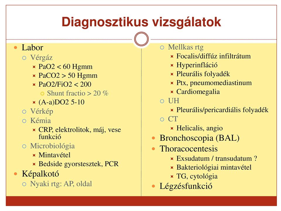 rtg Focalis/diffúz infiltrátum Hyperinfláció Pleurális folyadék Ptx, pneumomediastinum Cardiomegalia UH Pleurális/pericardiális