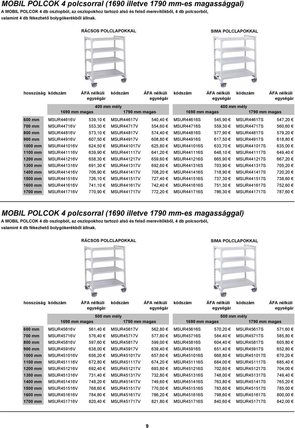 400 mm mély 400 mm mély 1690 mm magas 1790 mm magas 1690 mm magas 1790 mm magas 600 mm MSUR44616V 539,10 MSUR44617V 540,40 MSUR44616S 545,90 MSUR44617S 547,20 700 mm MSUR44716V 553,30 MSUR44717V