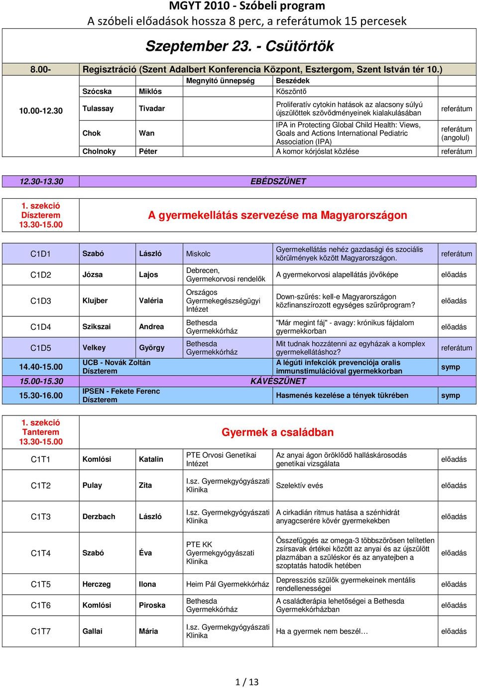 30 Szócska Miklós Köszöntı Tulassay Chok Tivadar Wan Proliferatív cytokin hatások az alacsony súlyú újszülöttek szövıdményeinek kialakulásában IPA in Protecting Global Child Health: Views, Goals and