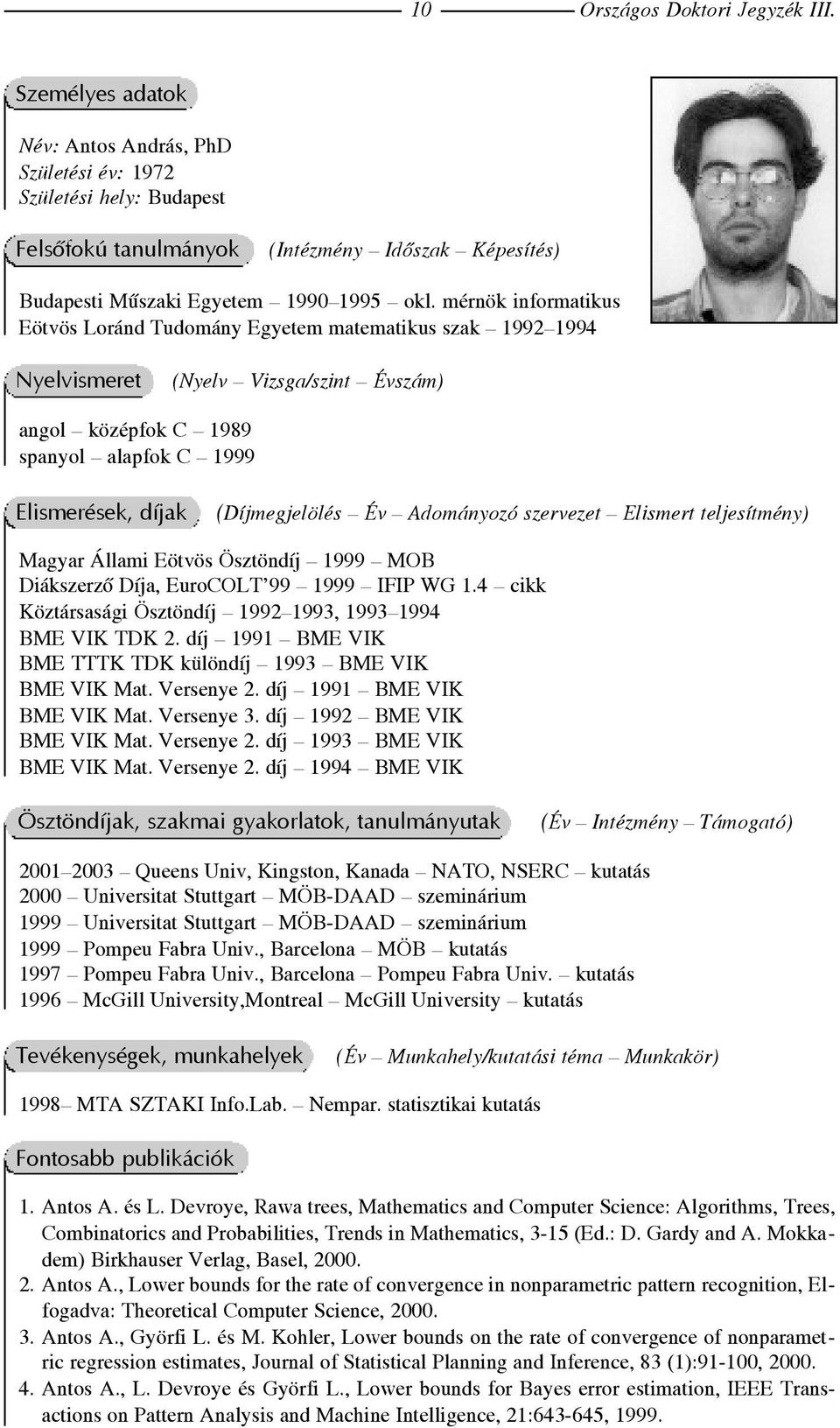 mérnök informatikus Eötvös Loránd Tudomány Egyetem matematikus szak 1992 1994 Nyelvismeret (Nyelv Vizsga/szint Évszám) angol középfok C 1989 spanyol alapfok C 1999 Elismerések, díjak (Díjmegjelölés