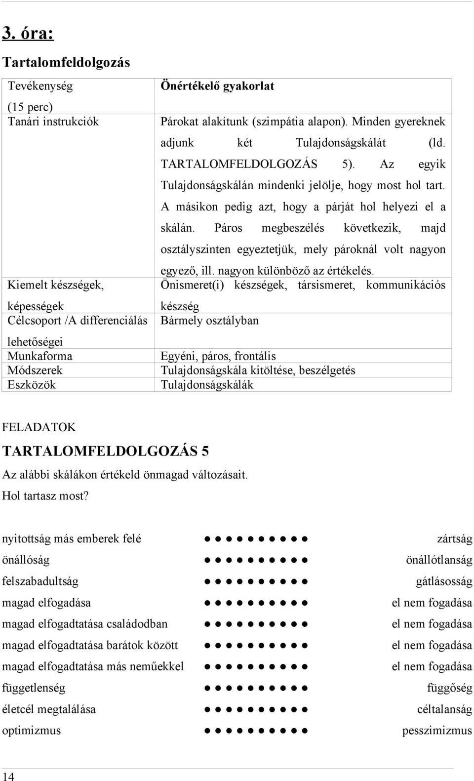 Páros megbeszélés következik, majd osztályszinten egyeztetjük, mely pároknál volt nagyon egyező, ill. nagyon különböző az értékelés.