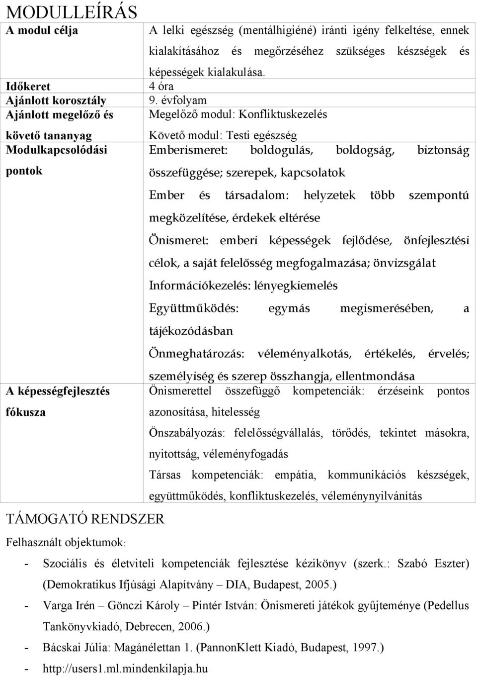 évfolyam Megelőző modul: Konfliktuskezelés Követő modul: Testi egészség Emberismeret: boldogulás, boldogság, biztonság összefüggése; szerepek, kapcsolatok Ember és társadalom: helyzetek több