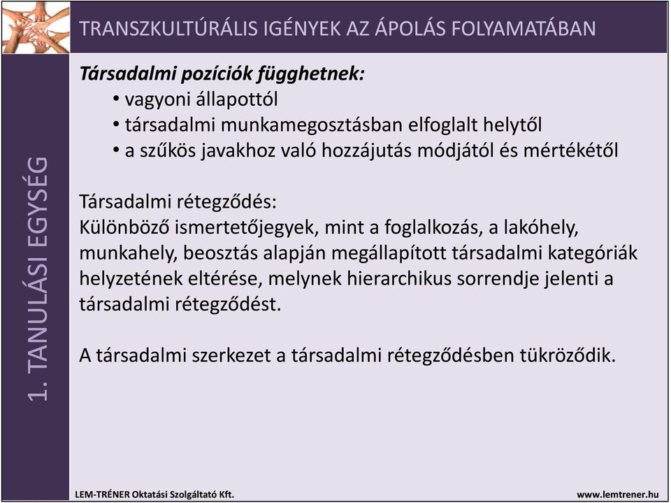 foglalkozás, a lakóhely, munkahely, beosztás alapján megállapított társadalmi kategóriák helyzetének eltérése,