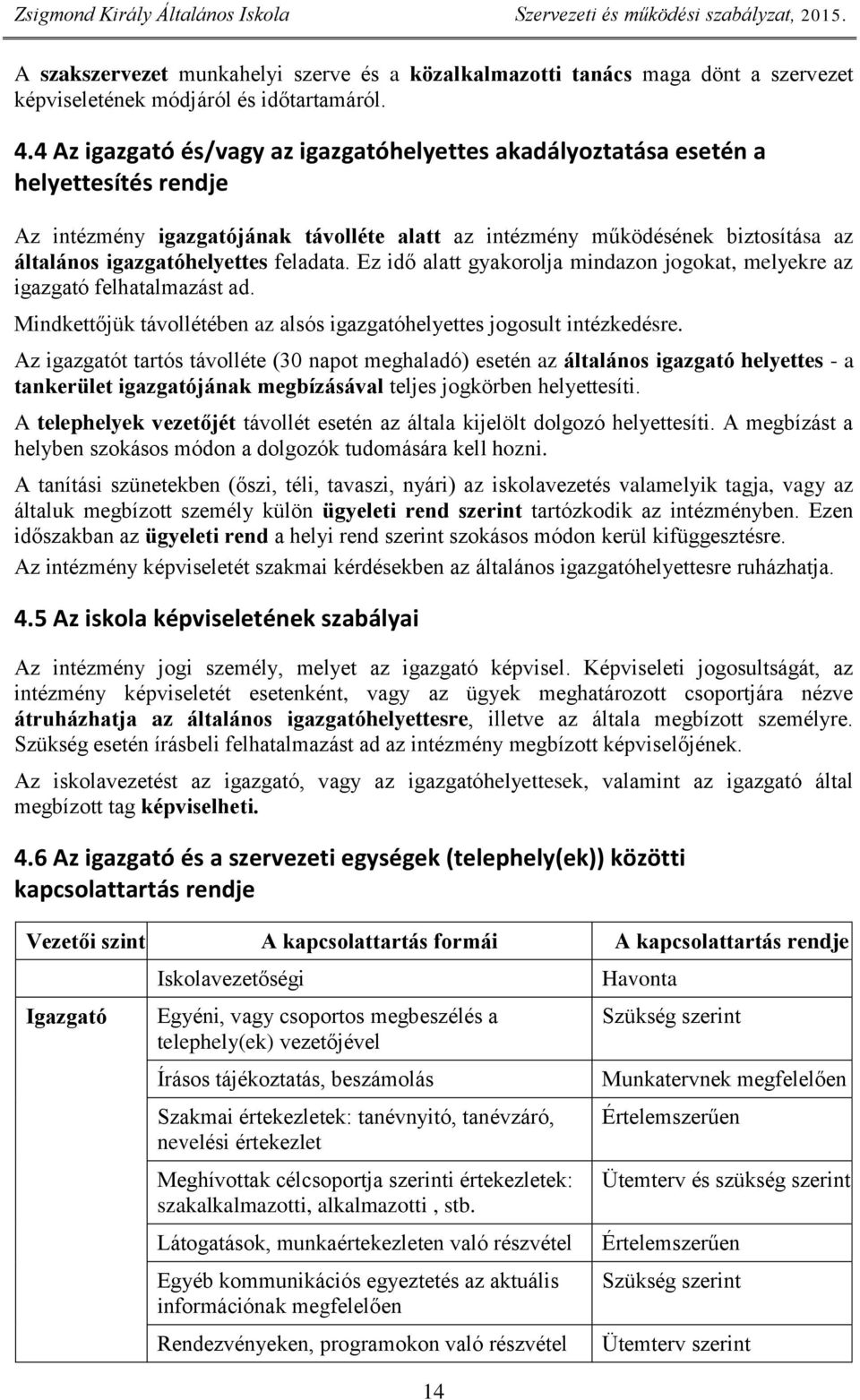 feladata. Ez idő alatt gyakorolja mindazon jogokat, melyekre az igazgató felhatalmazást ad. Mindkettőjük távollétében az alsós igazgatóhelyettes jogosult intézkedésre.