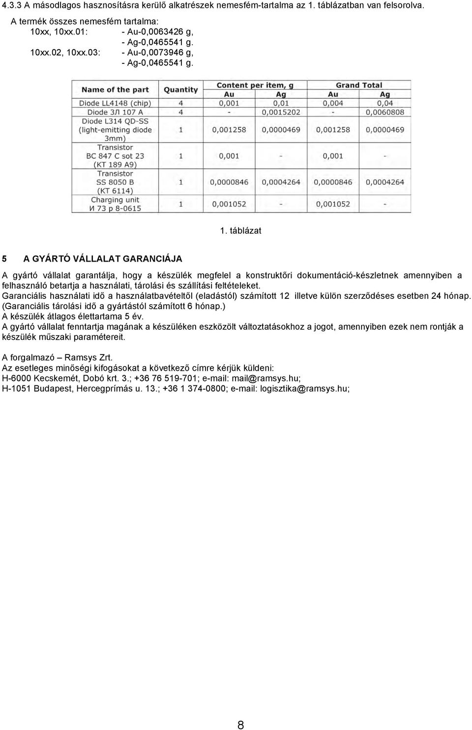 táblázat 5 A GYÁRTÓ VÁLLALAT GARANCIÁJA A gyártó vállalat garantálja, hogy a készülék megfelel a konstruktőri dokumentáció-készletnek amennyiben a felhasználó betartja a használati, tárolási és