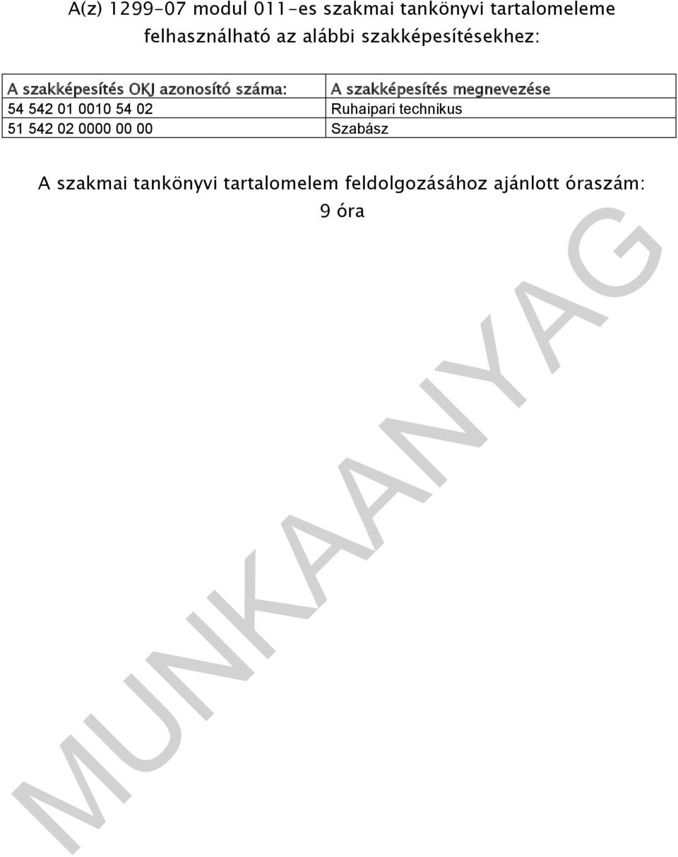 szakképesítés megnevezése 54 542 01 0010 54 02 Ruhaipari technikus 51 542 02