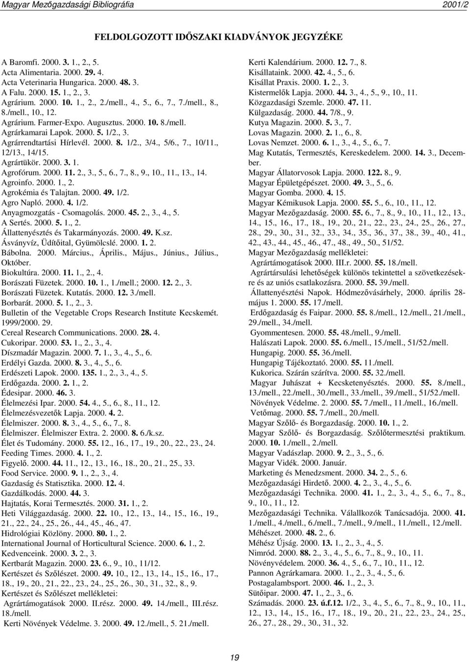 , 12/13., 14/15. Agrártükör. 2000. 3. 1. Agrofórum. 2000. 11. 2., 3., 5., 6., 7., 8., 9., 10., 11., 13., 14. Agroinfo. 2000. 1., 2. Agrokémia és Talajtan. 2000. 49. 1/2. Agro Napló. 2000. 4. 1/2. Anyagmozgatás - Csomagolás.