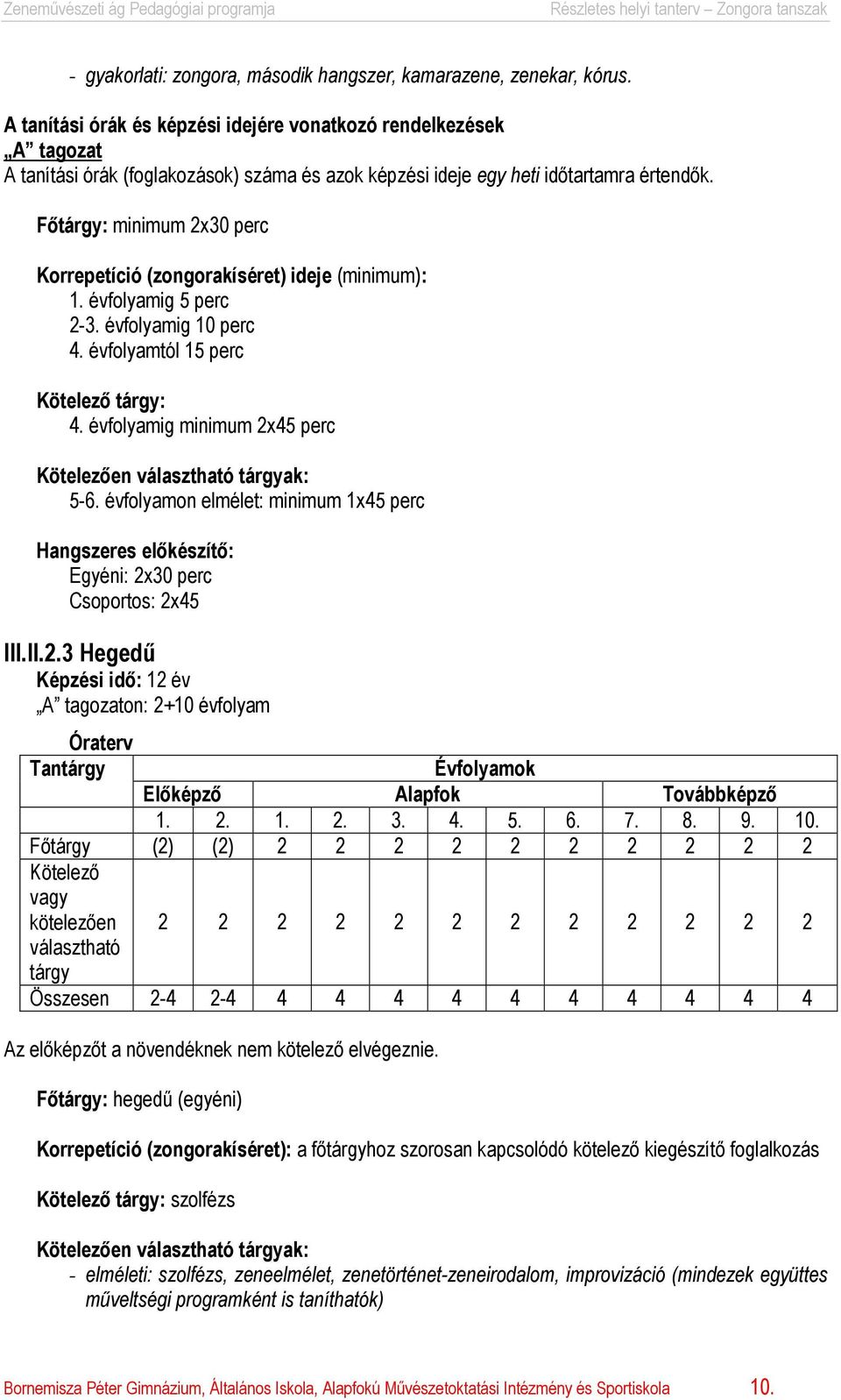 Főtárgy: minimum 2x30 perc Korrepetíció (zongorakíséret) ideje (minimum): 1. évfolyamig 5 perc 2-3. évfolyamig 10 perc 4. évfolyamtól 15 perc Kötelező tárgy: 4.