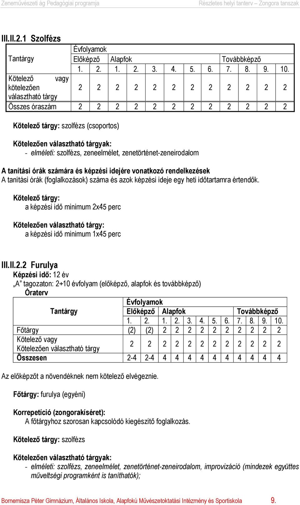 zeneelmélet, zenetörténet-zeneirodalom A tanítási órák számára és képzési idejére vonatkozó rendelkezések A tanítási órák (foglalkozások) száma és azok képzési ideje egy heti időtartamra értendők.