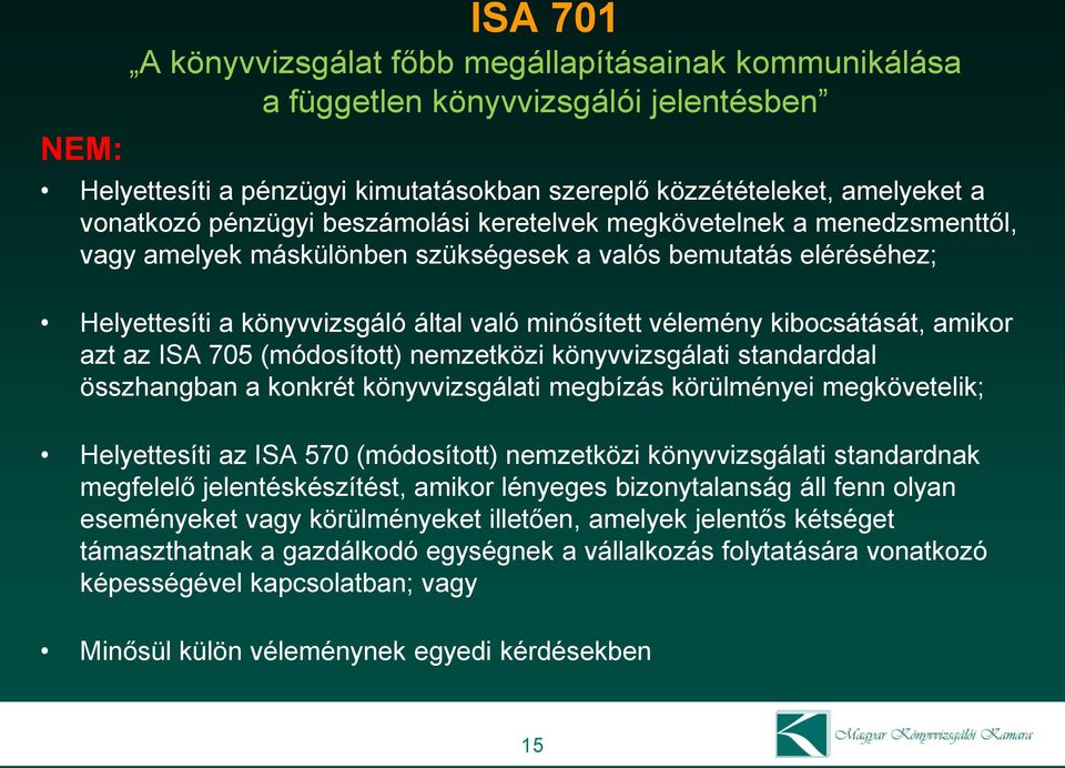 kibocsátását, amikor azt az ISA 705 (módosított) nemzetközi könyvvizsgálati standarddal összhangban a konkrét könyvvizsgálati megbízás körülményei megkövetelik; Helyettesíti az ISA 570 (módosított)