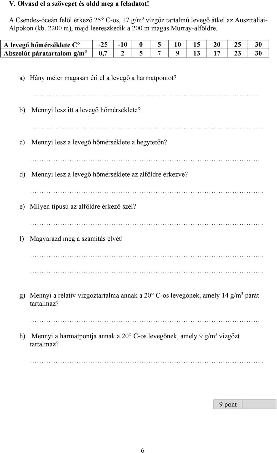 A levegő hőmérséklete C -25-10 0 5 10 15 20 25 30 Abszolút páratartalom g/m 3 0,7 2 5 7 9 13 17 23 30 a) Hány méter magasan éri el a levegő a harmatpontot?