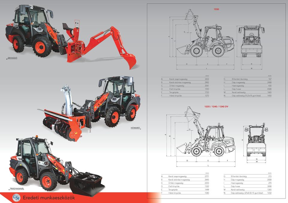 HÓMARÓ H C B A G D E N M F L mm TRÁGYAKANÁL Eredeti munkaeszközök mm A Kanál csapmagasság 2771 G Billentési távolság 215 B Kanál alsórész magasság 2645 H Gép magasság C Ürítési