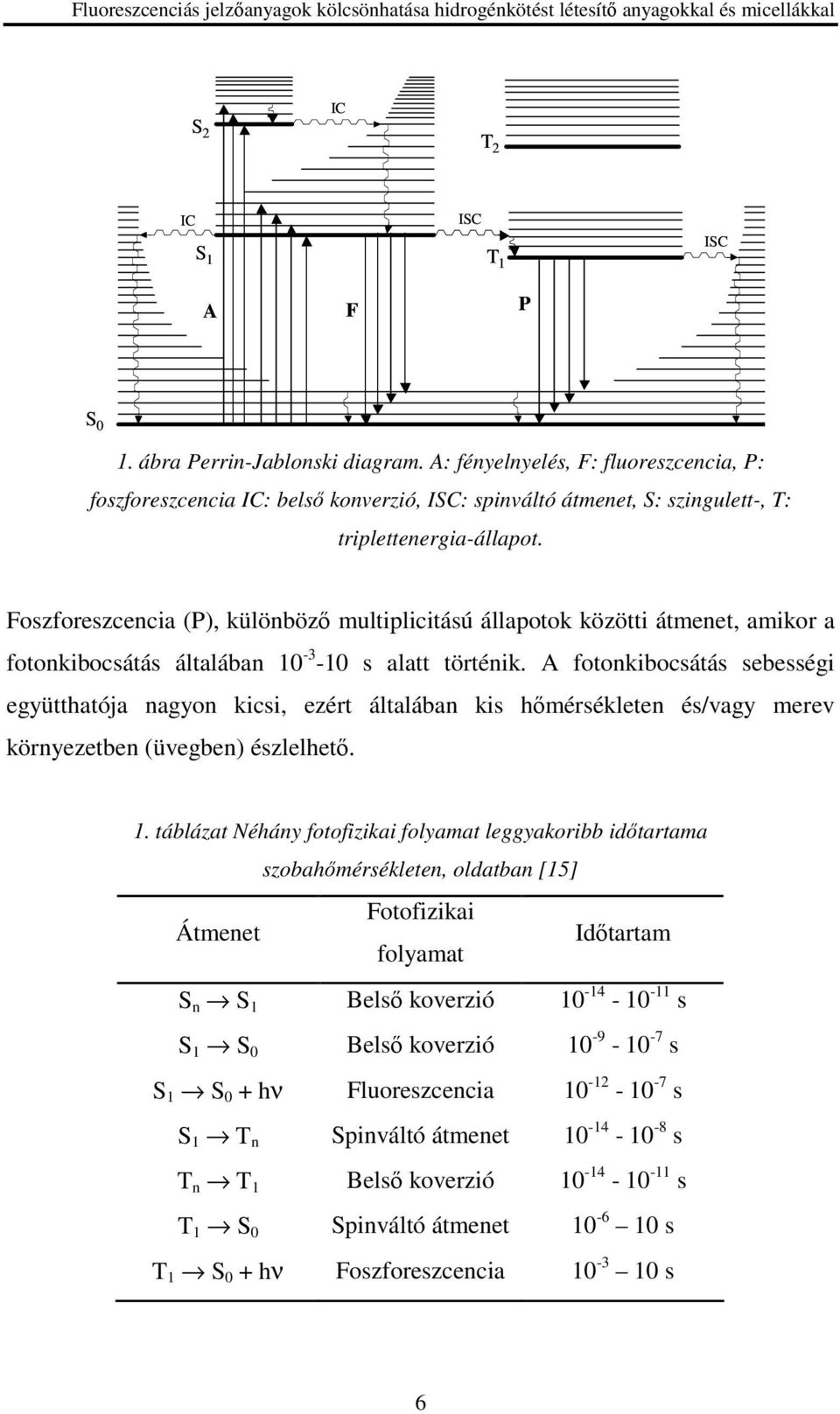 Foszforeszcencia (P), különbözı multiplicitású állapotok közötti átmenet, amikor a fotonkibocsátás általában 1-3 -1 s alatt történik.