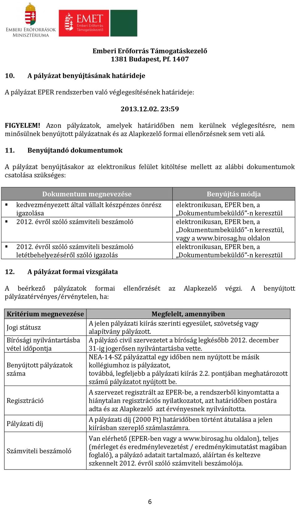 Benyújtandó dokumentumok A pályázat benyújtásakor az elektronikus felület kitöltése mellett az alábbi dokumentumok csatolása szükséges: Dokumentum megnevezése Benyújtás módja kedvezményezett által