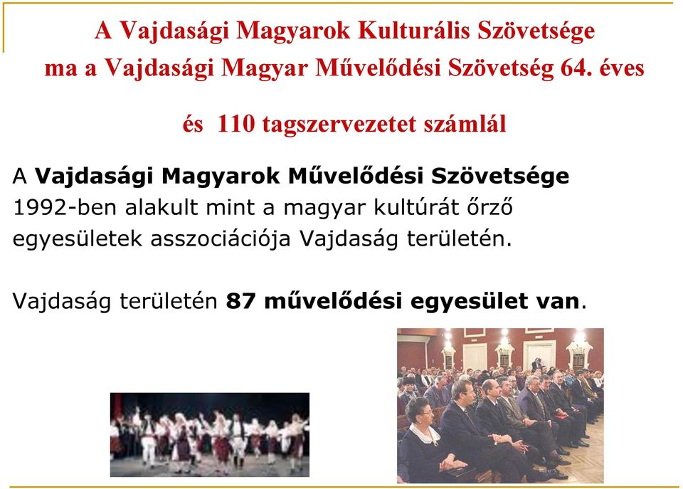 éves és 110 tagszervezetet számlál A Vajdasági Magyarok Művelődési