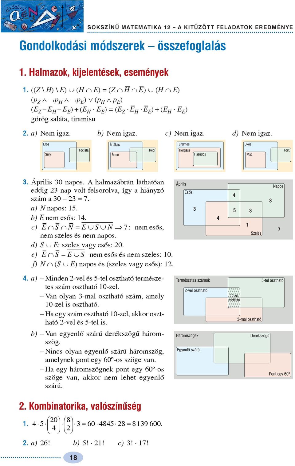 c) Nem igz. d) Nem igz.. Április 0 npos. A hlmzábrán láthtón eddig np volt felsorolv, íg hiánzó szám 0 = 7. ) N npos: 5. b) E _ nem esõs:. c) E S N = E S N 7: nem esõs, nem szeles és nem npos.