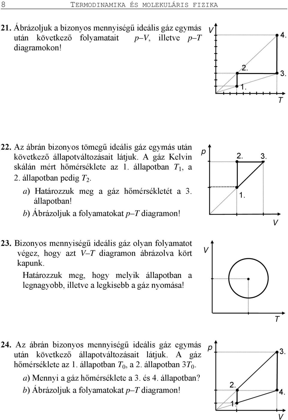 a) Határozzuk meg a gáz hőmérsékletét a 3. állapotban! b) Ábrázoljuk a folyamatokat p T diagramon! 1. 23.