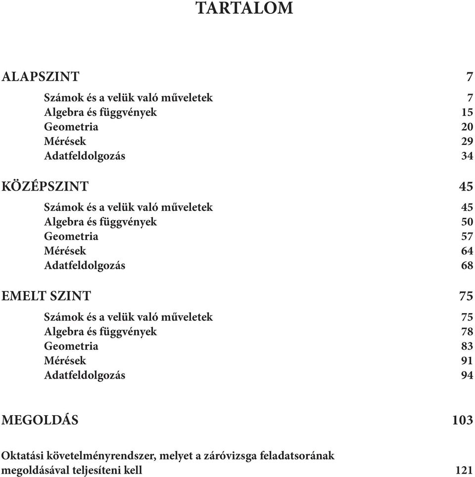 64 Adatfeldolgozás 68 EMELT SZINT 75 Számok és a velük való műveletek 75 Algebra és függvények 78 Geometria 83