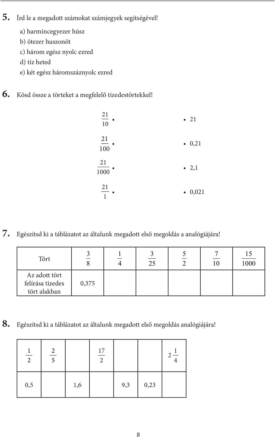 Kösd össze a törteket a megfelelő tizedestörtekkel! 0 0, 00, 000 0,0 7.