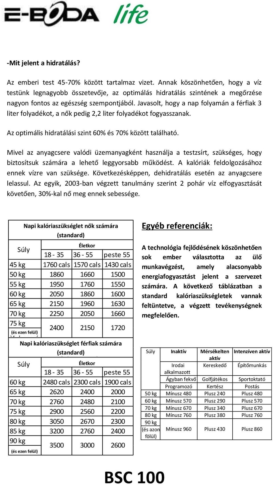 Javasolt, hogy a nap folyamán a férfiak 3 liter folyadékot, a nők pedig 2,2 liter folyadékot fogyasszanak. Az optimális hidratálási szint 60% és 70% között található.