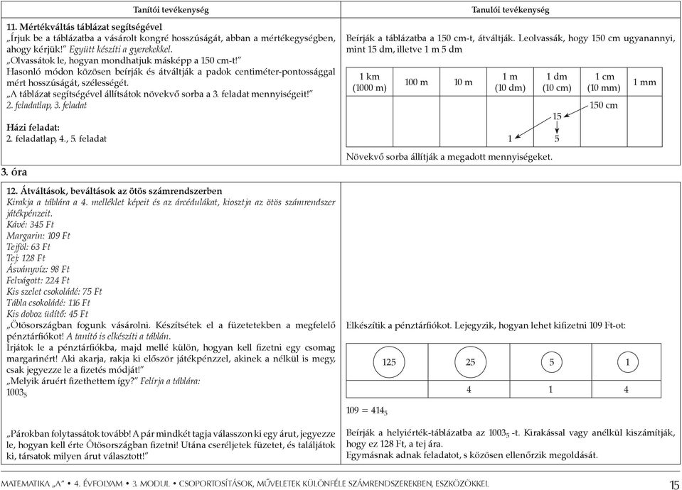 A táblázat segítségével állítsátok növekvő sorba a 3. feladat mennyiségeit! 2. feladatlap, 3. feladat Házi feladat: 2. feladatlap, 4., 5. feladat 3. óra 12.