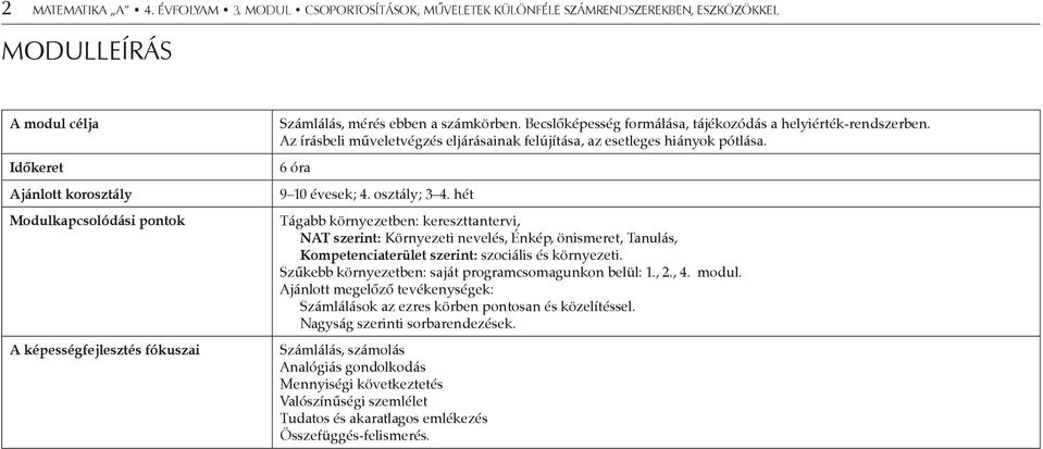 mérés ebben a számkörben. Becslőképesség formálása, tájékozódás a helyiérték-rendszerben. Az írásbeli műveletvégzés eljárásainak felújítása, az esetleges hiányok pótlása. 6 óra 9 10 évesek; 4.