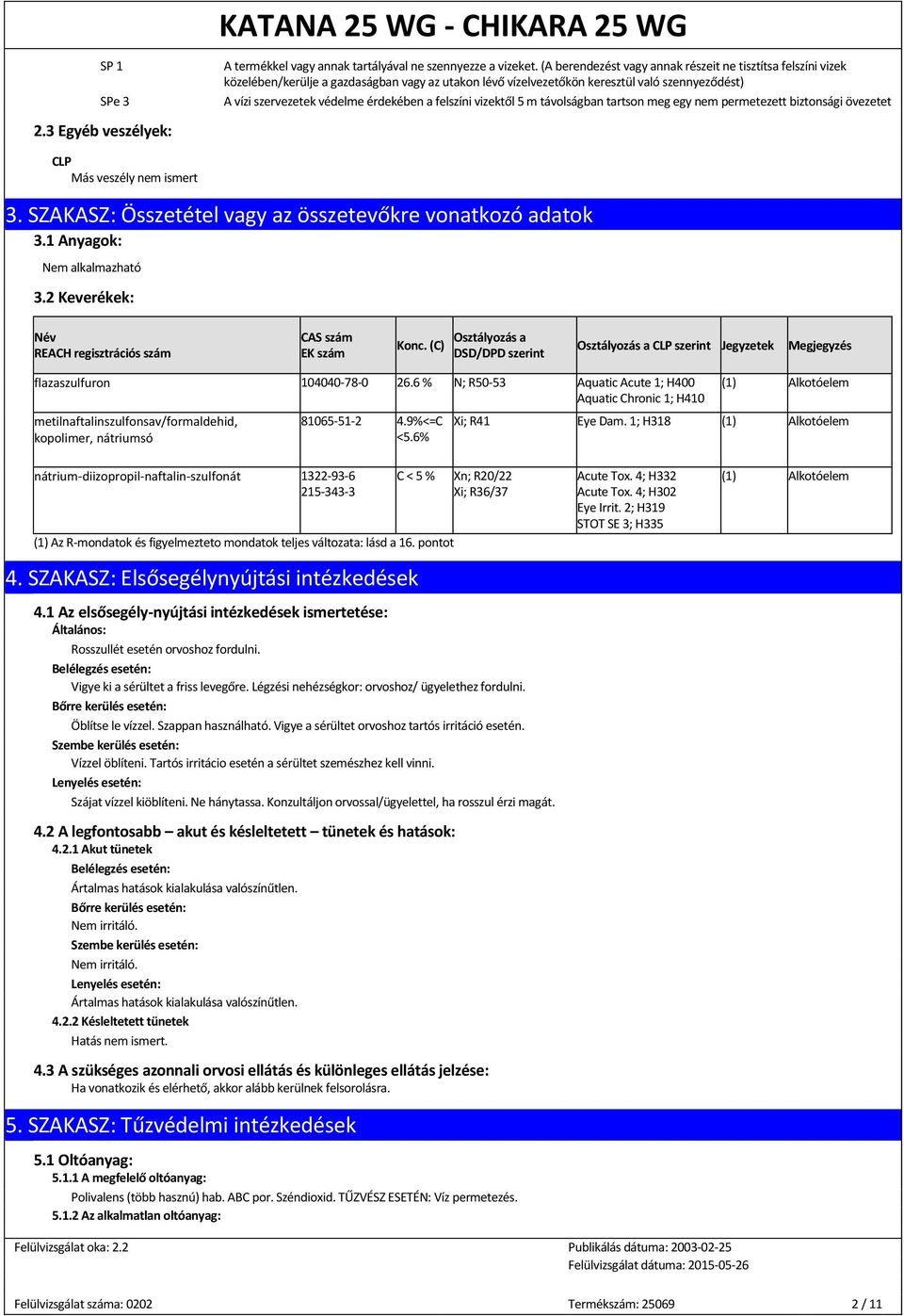 felszíni vizektől 5 m távolságban tartson meg egy nem permetezett biztonsági övezetet 2.3 Egyéb veszélyek: CLP Más veszély nem ismert 3. SZAKASZ: Összetétel vagy az összetevőkre vonatkozó adatok 3.