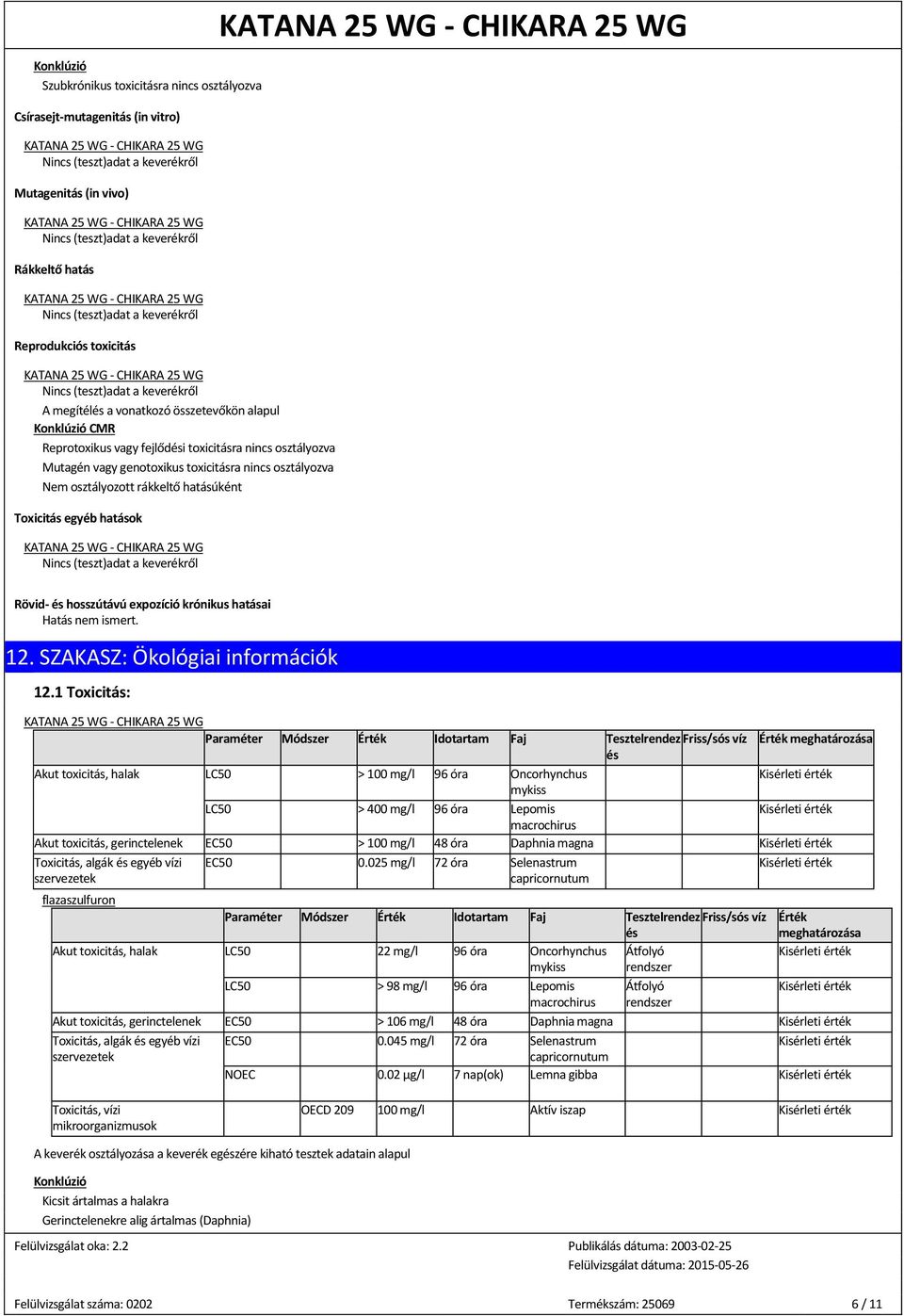 krónikus hatásai Hatás nem ismert. 12. SZAKASZ: Ökológiai információk 12.