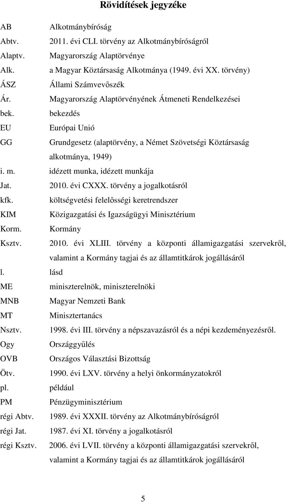 m. idézett munka, idézett munkája Jat. 2010. évi CXXX. törvény a jogalkotásról kfk. költségvetési felelősségi keretrendszer KIM Közigazgatási és Igazságügyi Minisztérium Korm. Kormány Ksztv. 2010. évi XLIII.