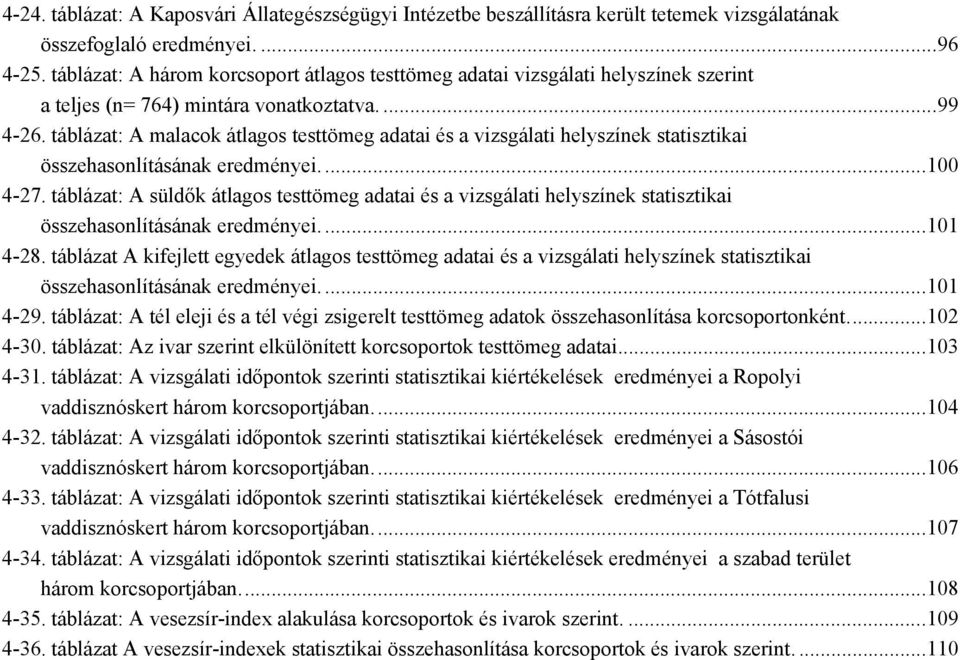 táblázat: A malacok átlagos testtömeg adatai és a vizsgálati helyszínek statisztikai összehasonlításának eredményei...100 4-27.