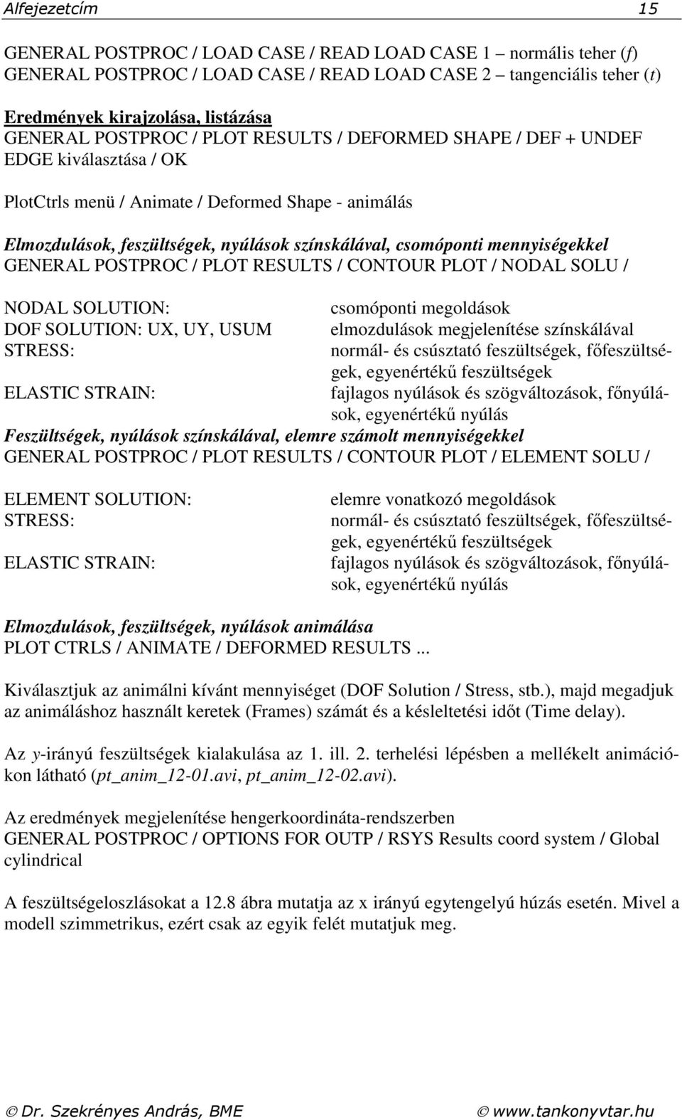 GENERAL POSTPROC / PLOT RESULTS / CONTOUR PLOT / NODAL SOLU / NODAL SOLUTION: DOF SOLUTION: UX, UY, USUM STRESS: ELASTIC STRAIN: csomóponti megoldások elmozdulások megjelenítése színskálával nomál-